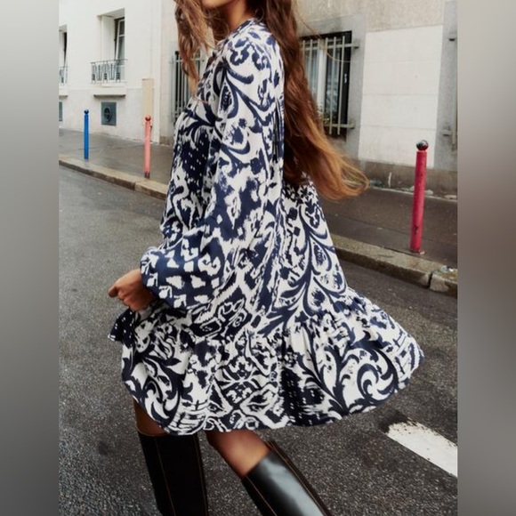 NWT Zara Bohemian Tunic Dress, oversized/flowy fit. Blue white. Sz Medium - Picture 4 of 6